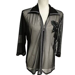 Tung Tai Sheer Mesh Top Jacket Zip Up Large Black Whimsigoth Vintage Butterfly